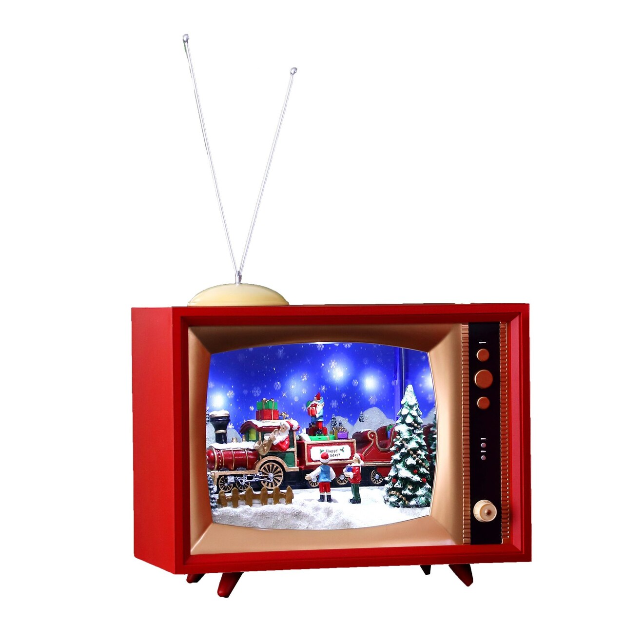 Icy Giftware LED Lighted Cascading Snow Train in Retro Christmas TV Decoration - 15.5" - Set of 2